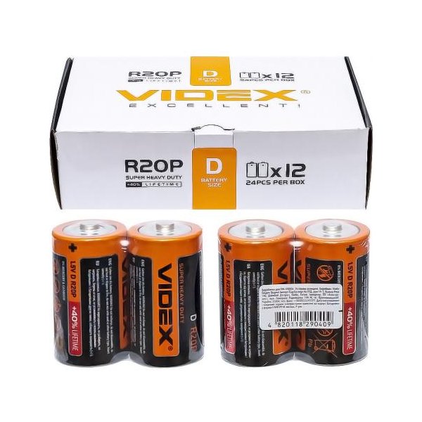 Батарейка Videx R2OP / D 2pcs SHRINK