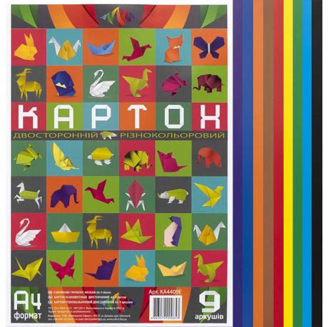 Кольоровий картон А4 двосторонній, різнокольоровий, 9 листів 