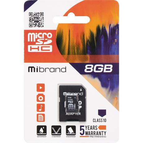 Карта памяти Mibrand MicroSDHC 8GB Class 10 +SD adapter 120124