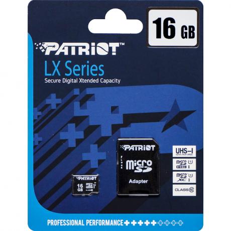 Карта памяти Patriot MicroSDHC 16GB UHS-I (Class 10) LX Series +SD adapter